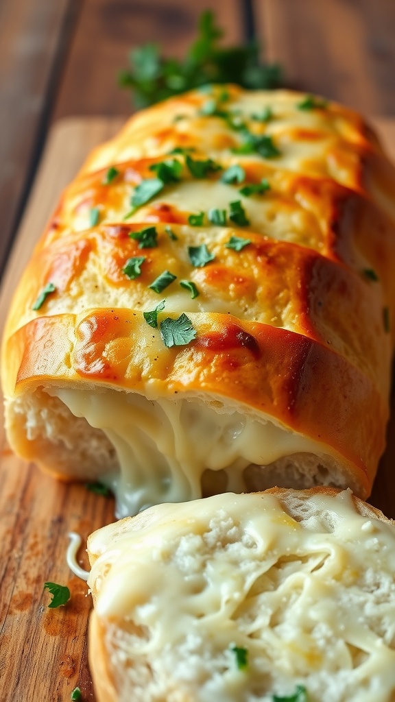 Cheesy garlic bread with melted cheese, sliced and garnished with parsley on a wooden table.